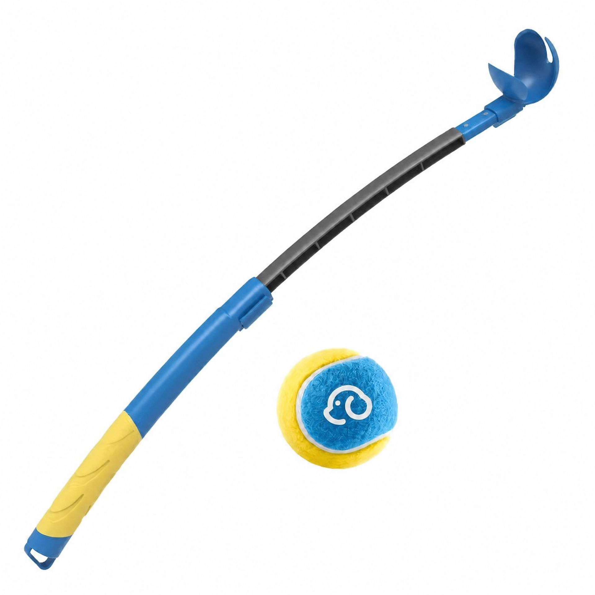 A blue and yellow dog treat scoop with a long black handle, shown alongside a blue and yellow tennis ball on a solid white background.
