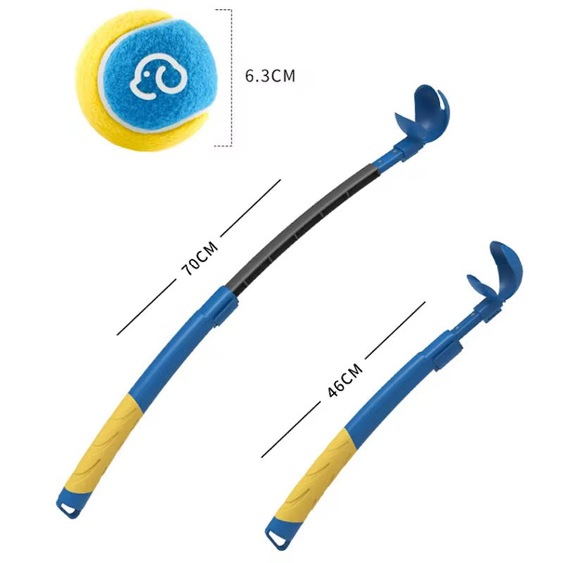 Blue and yellow dog toy extendable dog ball launcher with matching tennis ball on a white background.
