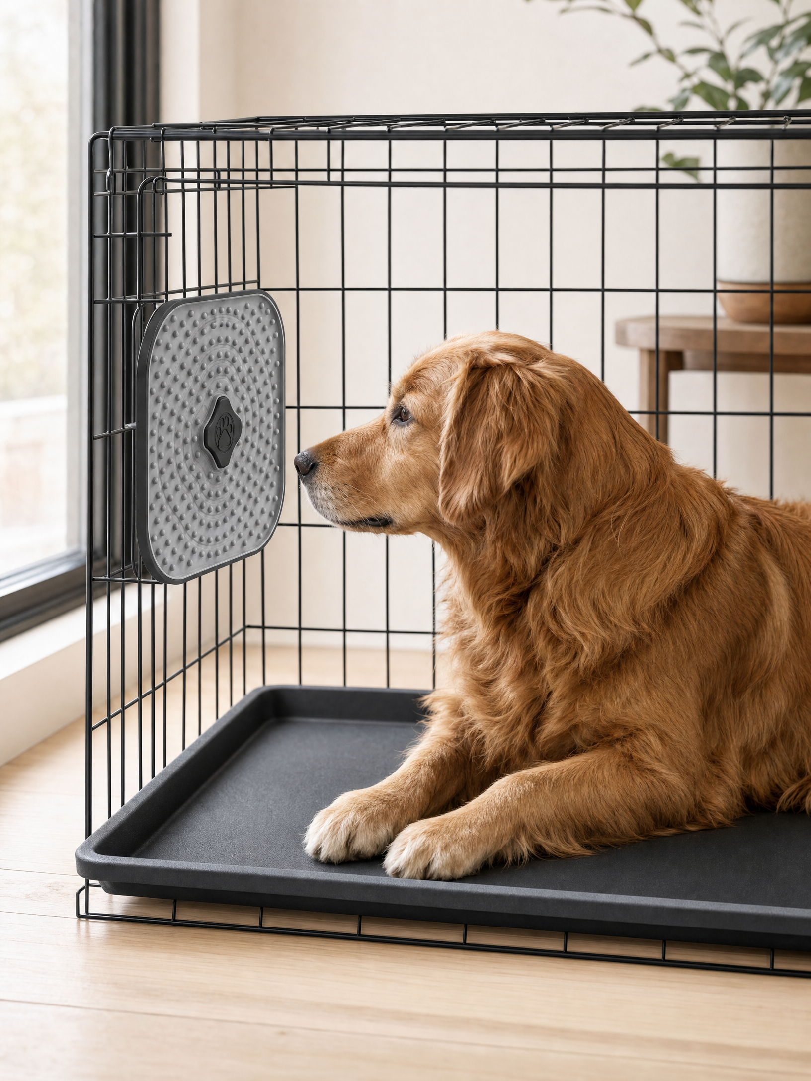A golden retriever dog lies on a black pet crate with a black tray, looking toward a gray textured door panel attached to the crate, in a bright indoor room with wood flooring. dog lick mat