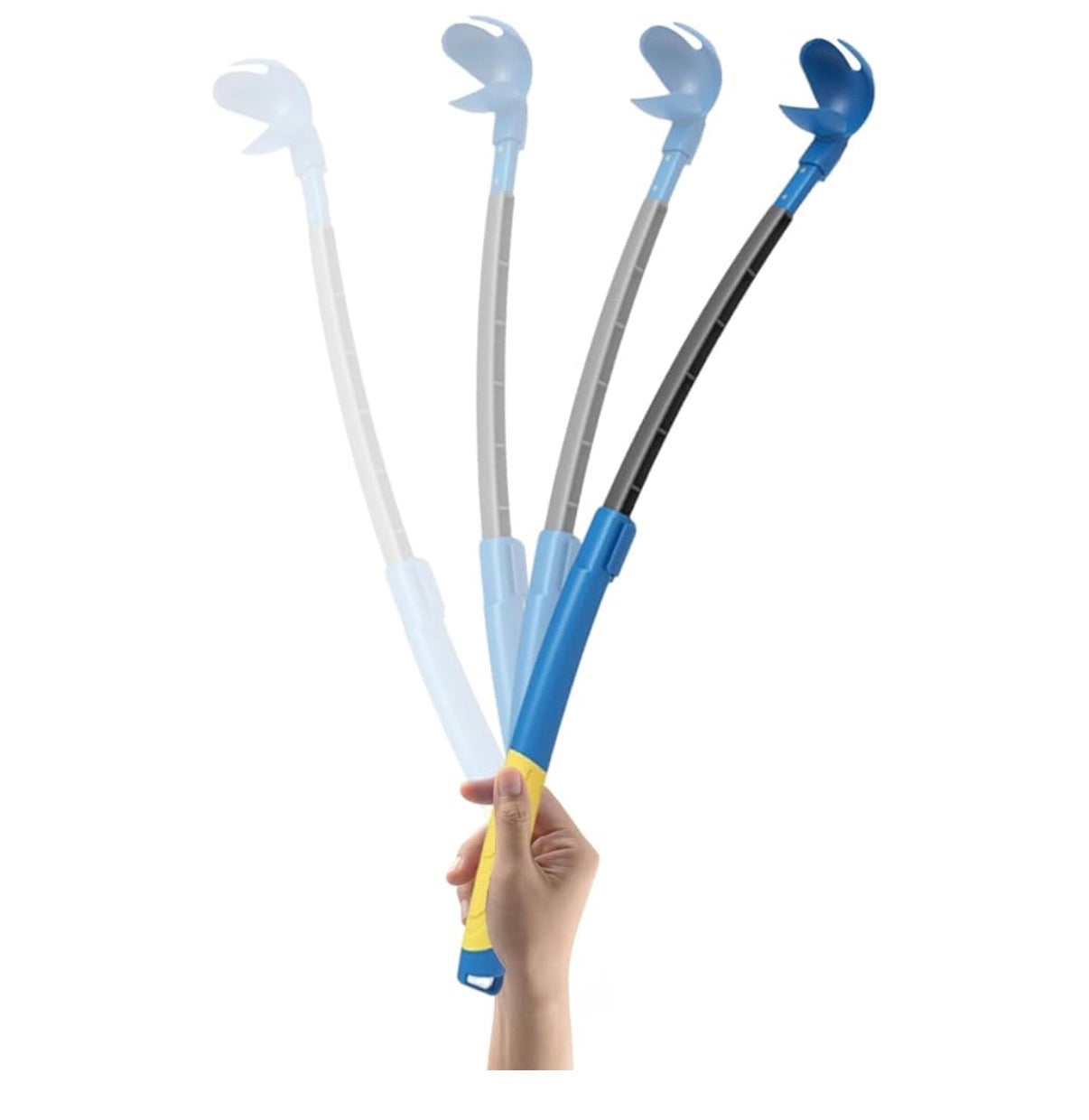 Blue and yellow dog toy extendable dog ball launcher with matching tennis ball on a white background.