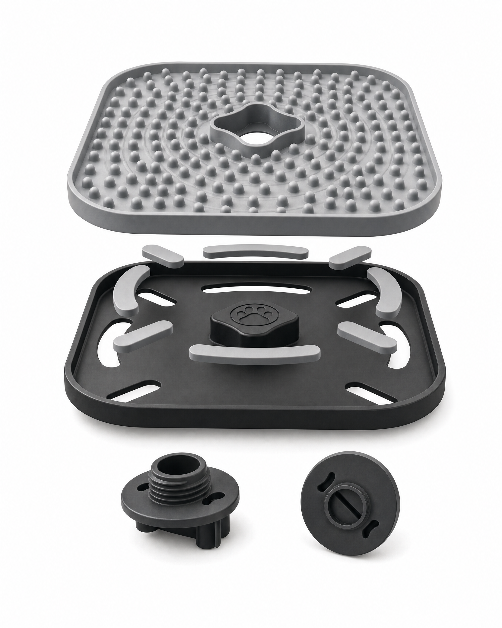 A 4-in-1 pet training mat and litter box training adapter set made of gray and black silicone, shown in an exploded view on a white background. dog lick mat